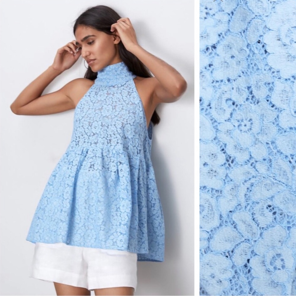 NWT Zara Light Blue Lace Halter Top
